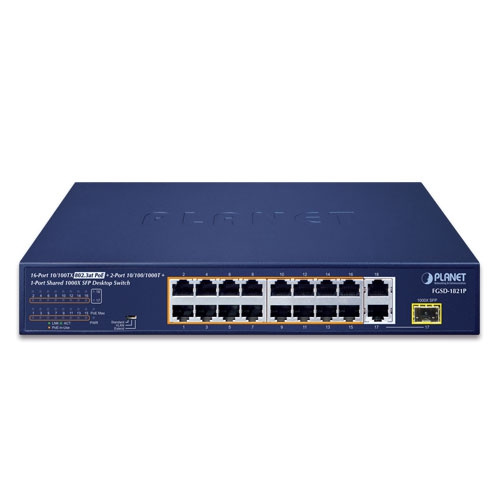 Switch Planet FGSD-1821P 16x 100Mb | 1x 1Gb 1x RJ-45/SFP 185 W PoE+